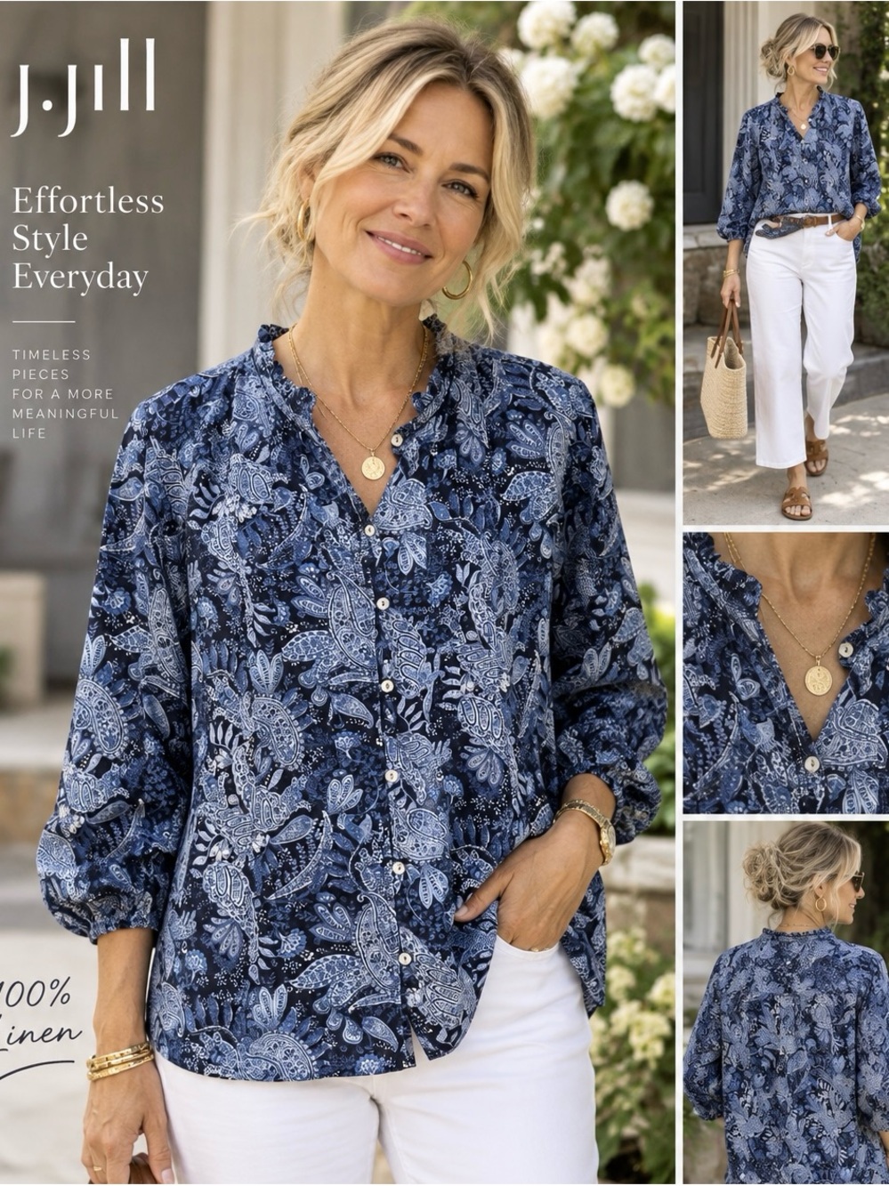 J. Jill Linen Navy and Light Blue Paisley Linen Button-Down- Large Tall